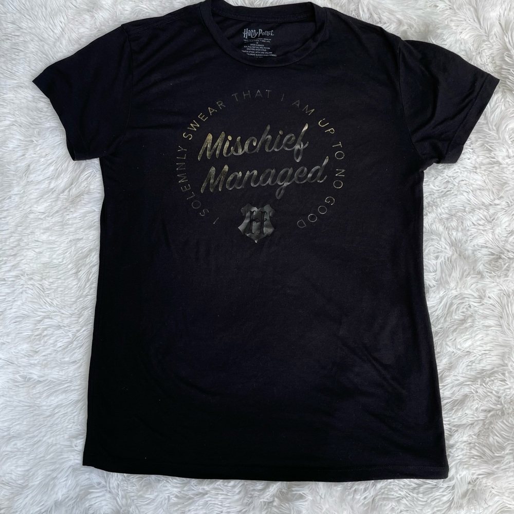 Harry Potter Mischief Managed Gold Spellout Black Oversized Soft Tee meduim - Picture 4 of 7